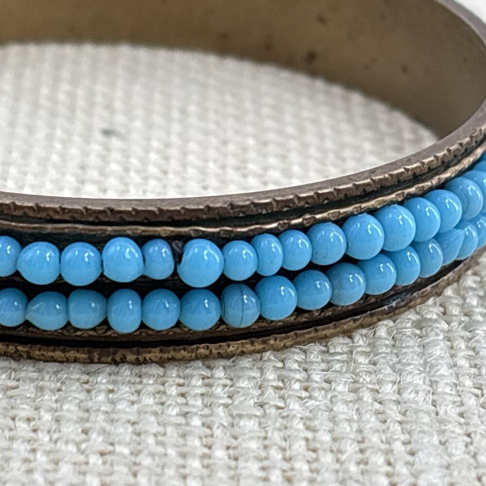 Vintage Brass Bangle Bracelet Blue Beads Stacking Layering Boho
